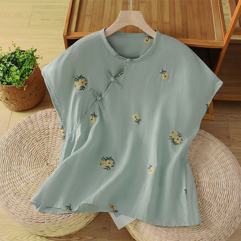 Buddha Stones Sommerliches, lässiges Tanktop im Tang-Stil mit Stehkragen und Blumenstickerei, ärmellos, Damenbluse - Kornblumenblau - US12, UK/AU16, EU44 (2XL) - image 8