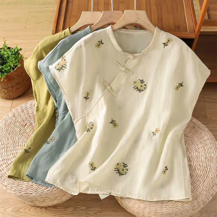 Buddha Stones Sommerliches, lässiges Tanktop im Tang-Stil mit Stehkragen und Blumenstickerei, ärmellos, Damenbluse - image 23