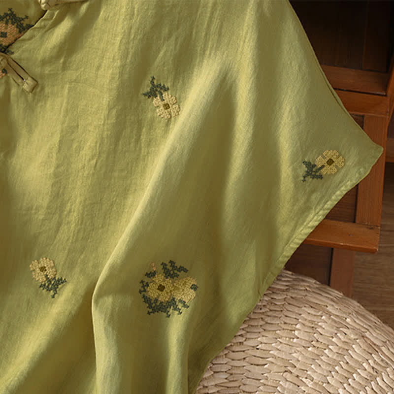 Buddha Stones Sommerliches, lässiges Tanktop im Tang-Stil mit Stehkragen und Blumenstickerei, ärmellos, Damenbluse - image 20
