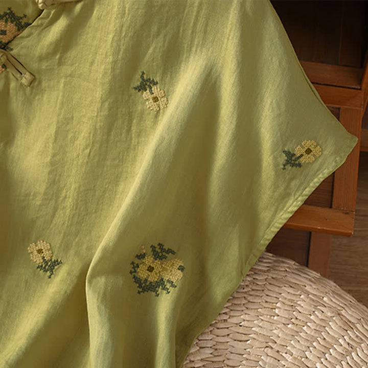Buddha Stones Sommerliches, lässiges Tanktop im Tang-Stil mit Stehkragen und Blumenstickerei, ärmellos, Damenbluse - image 20