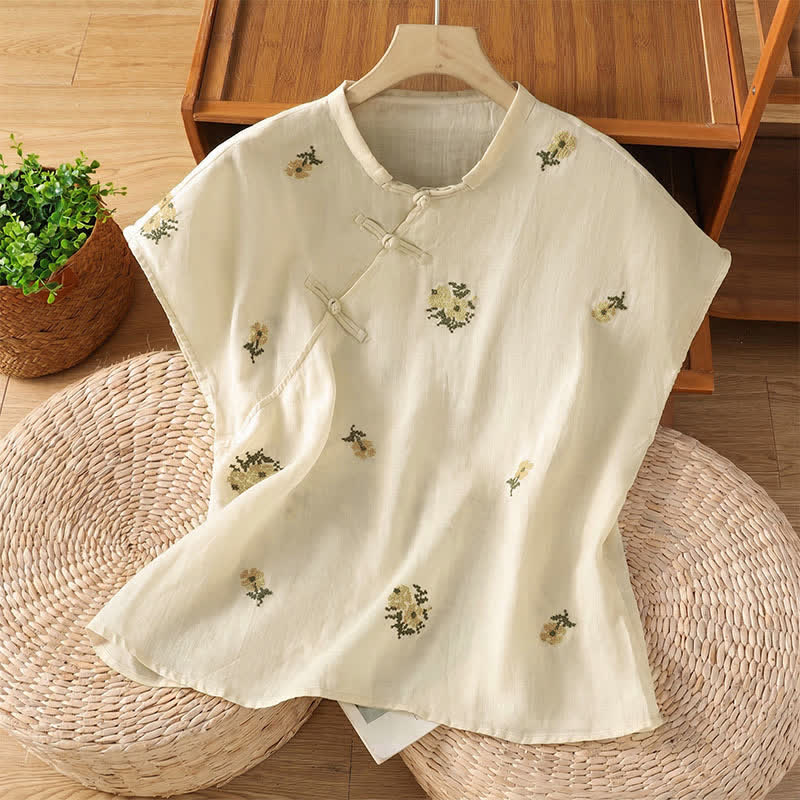 Buddha Stones Sommerliches, lässiges Tanktop im Tang-Stil mit Stehkragen und Blumenstickerei, ärmellos, Damenbluse - Weiß - US12, UK/AU16, EU44 (2XL) - image 0