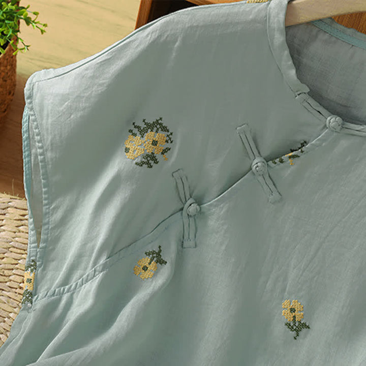 Buddha Stones Sommerliches, lässiges Tanktop im Tang-Stil mit Stehkragen und Blumenstickerei, ärmellos, Damenbluse - image 13
