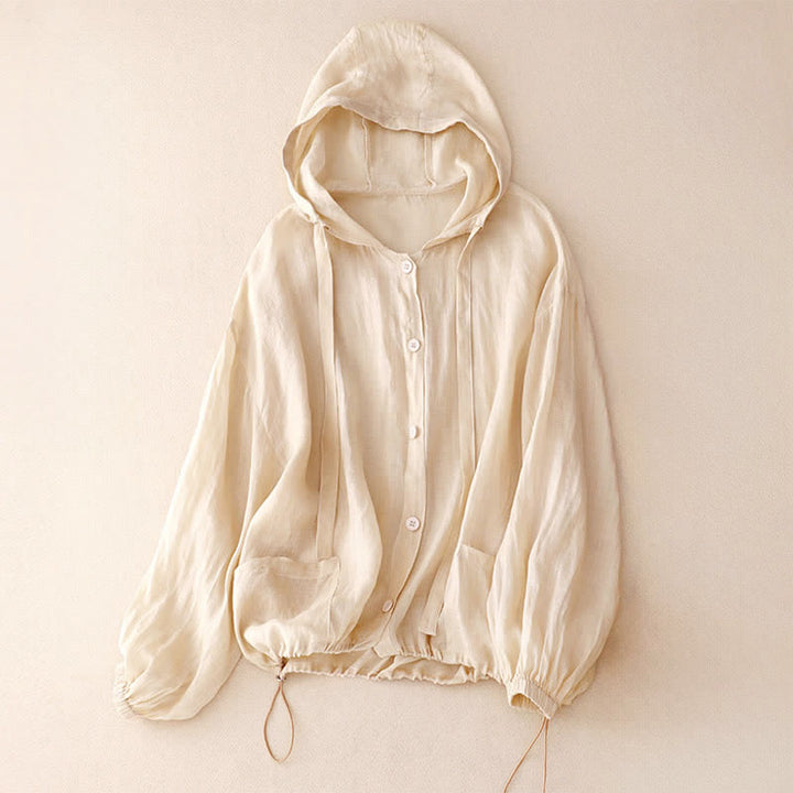 Buddha Stones Lässiges, minimalistisches Sommer-Langarmhemd mit Knopfleiste, Kordelzug und Tasche für Damen, einfarbig, mit Tasche - Leinen - US14, UK/AU18, EU46 (2XL) - image 0