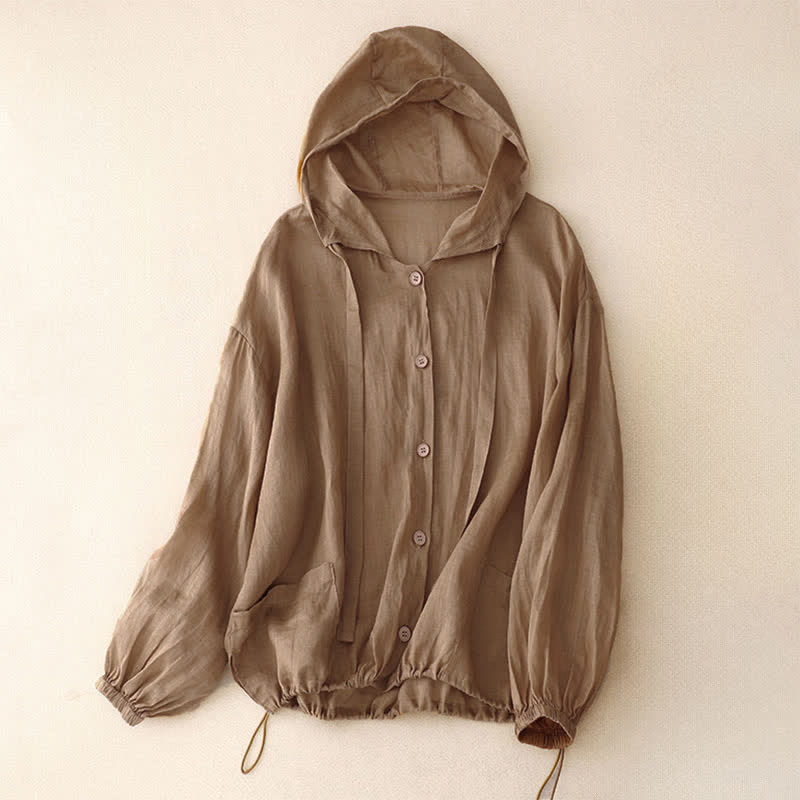Buddha Stones Lässiges, minimalistisches Sommer-Langarmhemd mit Knopfleiste, Kordelzug und Tasche für Damen, einfarbig, mit Tasche - Peru - US14, UK/AU18, EU46 (2XL) - image 3