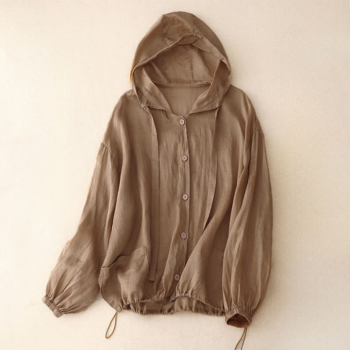 Buddha Stones Lässiges, minimalistisches Sommer-Langarmhemd mit Knopfleiste, Kordelzug und Tasche für Damen, einfarbig, mit Tasche - Peru - US14, UK/AU18, EU46 (2XL) - image 3