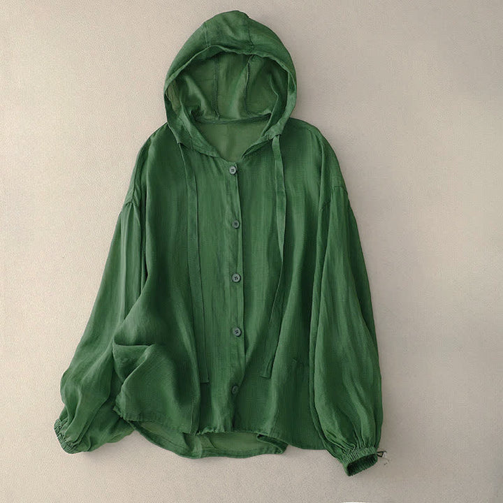 Buddha Stones Lässiges, minimalistisches Sommer-Langarmhemd mit Knopfleiste, Kordelzug und Tasche für Damen, einfarbig, mit Tasche - SeaGreen - US14, UK/AU18, EU46 (2XL) - image 4