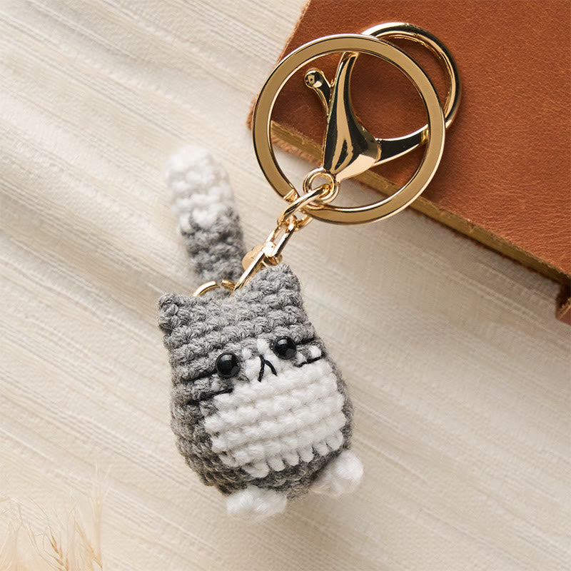 Buddha Stones Handgefertigte, gehäkelte, niedliche Katzen-Taschenanhänger, weiche Schlüsselanhänger - Hellgraue Katze - image 5