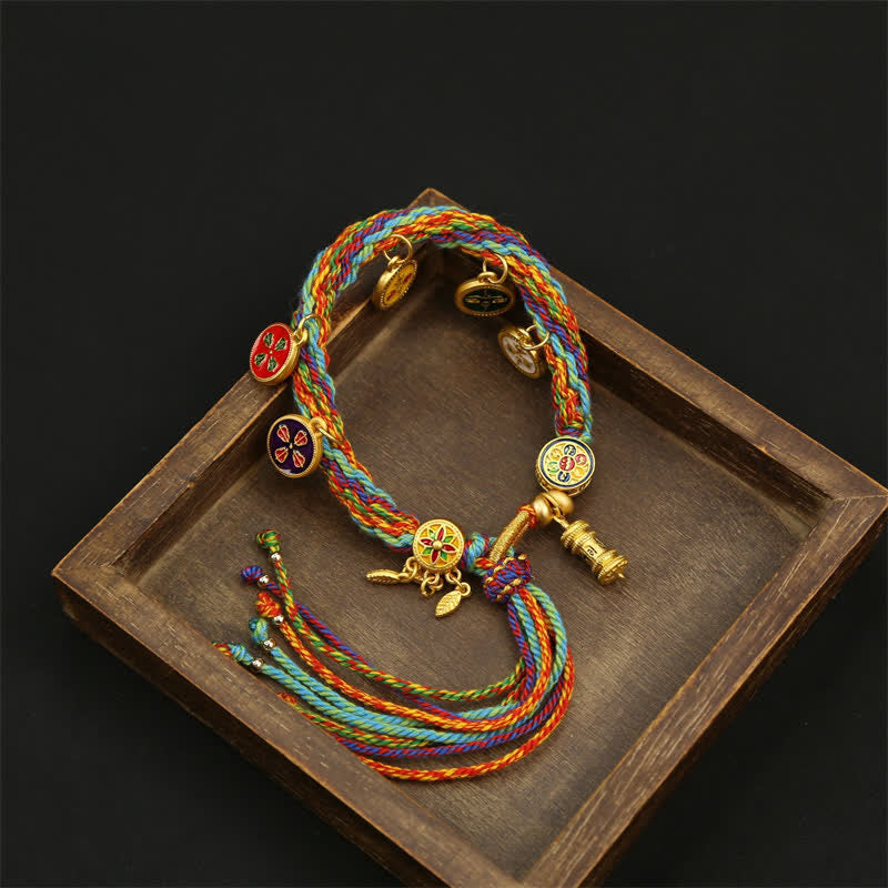 Buddha Stones Regenbogenfarbenes geflochtenes Armband mit Om Mani Padme Hum Weisheitsquaste - image 1