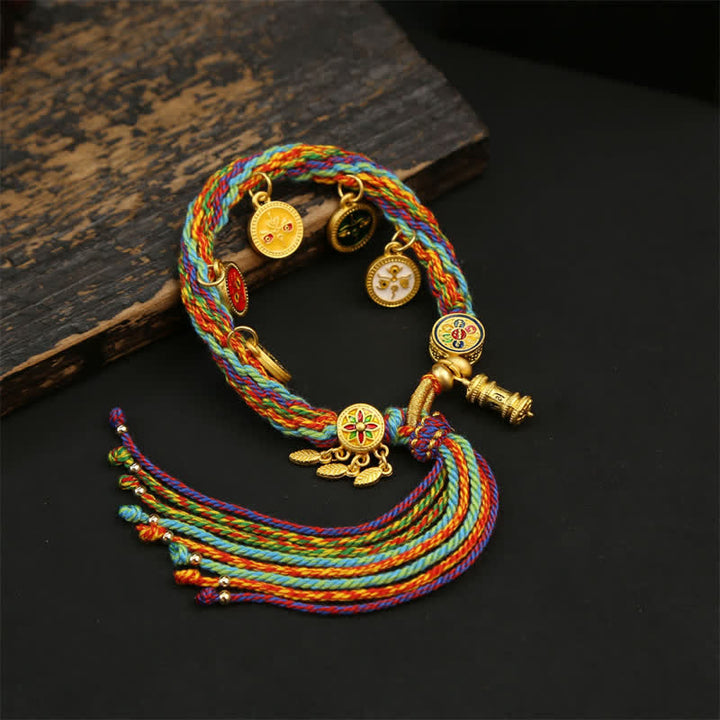 Buddha Stones Regenbogenfarbenes geflochtenes Armband mit Om Mani Padme Hum Weisheitsquaste - Fünf Reichtumsgötter (Handgelenkumfang: 5,5–7,5 Zoll / 14–19 cm) - image 0