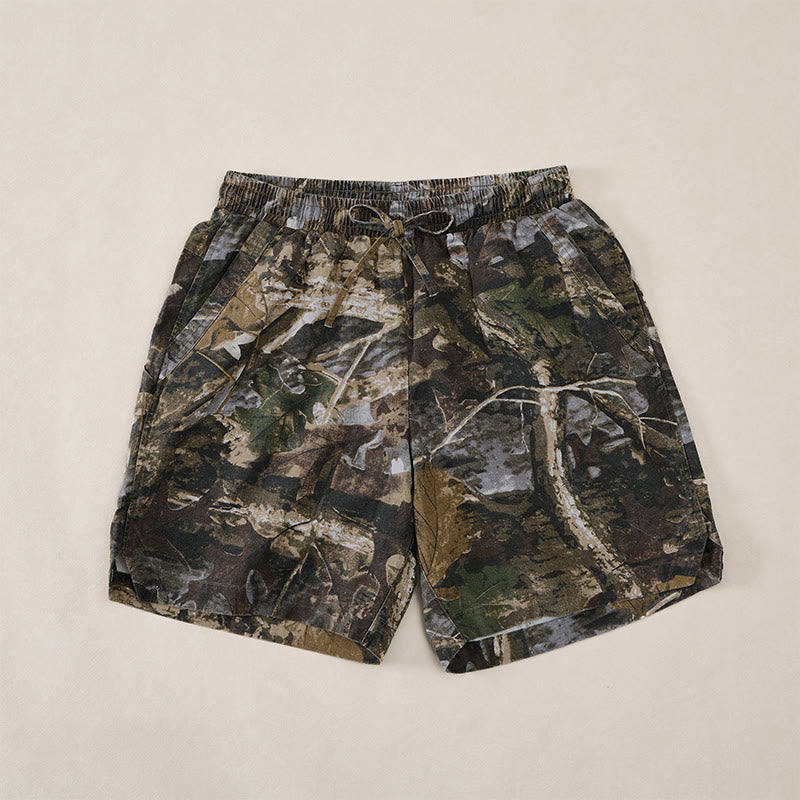 Buddha Stones Lässige, sportliche Sommer-Shorts für Herren aus Baumwoll-Ramie mit Kordelzug, Camouflage-Blättermuster und Taschen - image 12