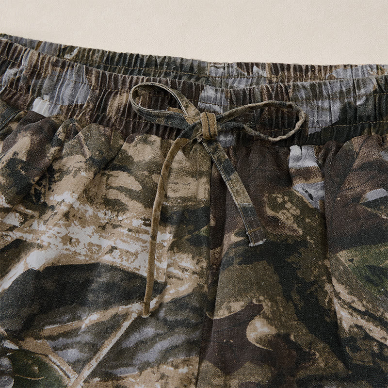 Buddha Stones Lässige, sportliche Sommer-Shorts für Herren aus Baumwoll-Ramie mit Kordelzug, Camouflage-Blättermuster und Taschen - image 15