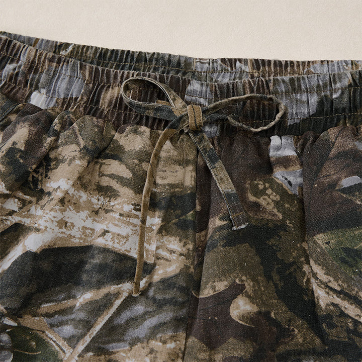 Buddha Stones Lässige, sportliche Sommer-Shorts für Herren aus Baumwoll-Ramie mit Kordelzug, Camouflage-Blättermuster und Taschen - image 15