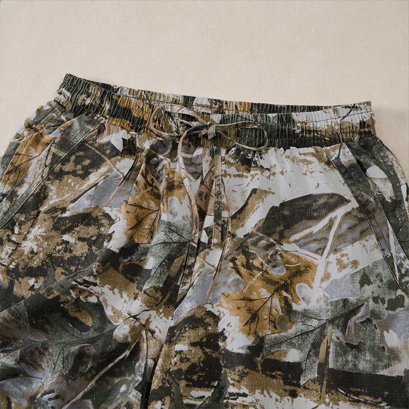 Buddha Stones Lässige, sportliche Sommer-Shorts für Herren aus Baumwoll-Ramie mit Kordelzug, Camouflage-Blättermuster und Taschen - image 4
