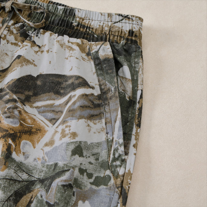 Buddha Stones Lässige, sportliche Sommer-Shorts für Herren aus Baumwoll-Ramie mit Kordelzug, Camouflage-Blättermuster und Taschen - image 6