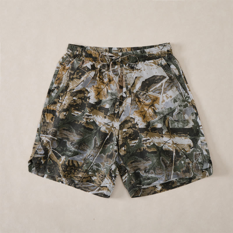 Buddha Stones Lässige, sportliche Sommer-Shorts für Herren aus Baumwoll-Ramie mit Kordelzug, Camouflage-Blättermuster und Taschen - image 2