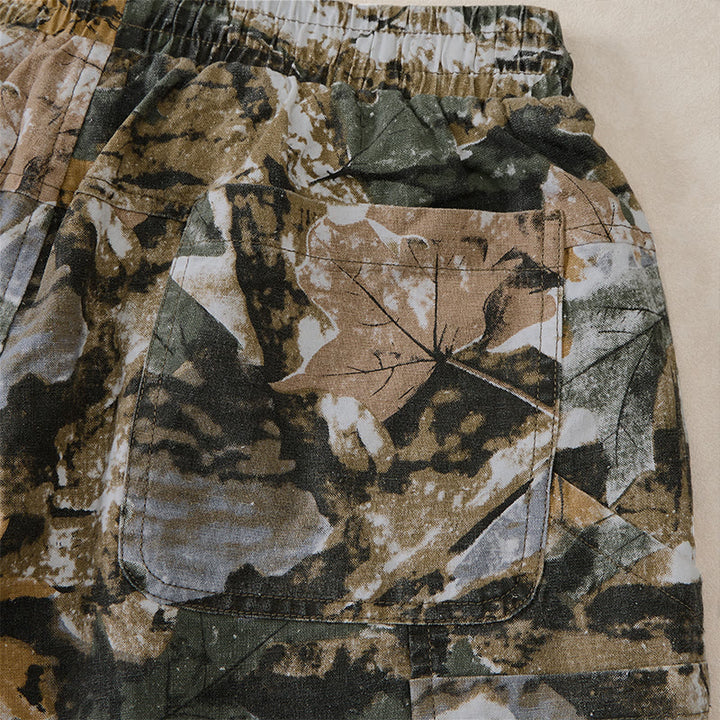 Buddha Stones Lässige, sportliche Sommer-Shorts für Herren aus Baumwoll-Ramie mit Kordelzug, Camouflage-Blättermuster und Taschen - image 7