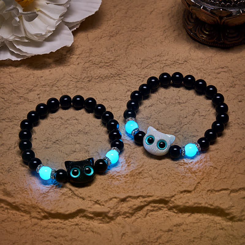 Buddha Stones Schwarzes Obsidian-Armband mit niedlicher Katze mit großen Augen zum Schutz der Katze, verziert mit Perlen - image 0