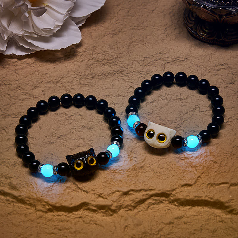 Buddha Stones Schwarzes Obsidian-Armband mit handgeschnitztem Relief einer Katze mit großem Auge - image 0