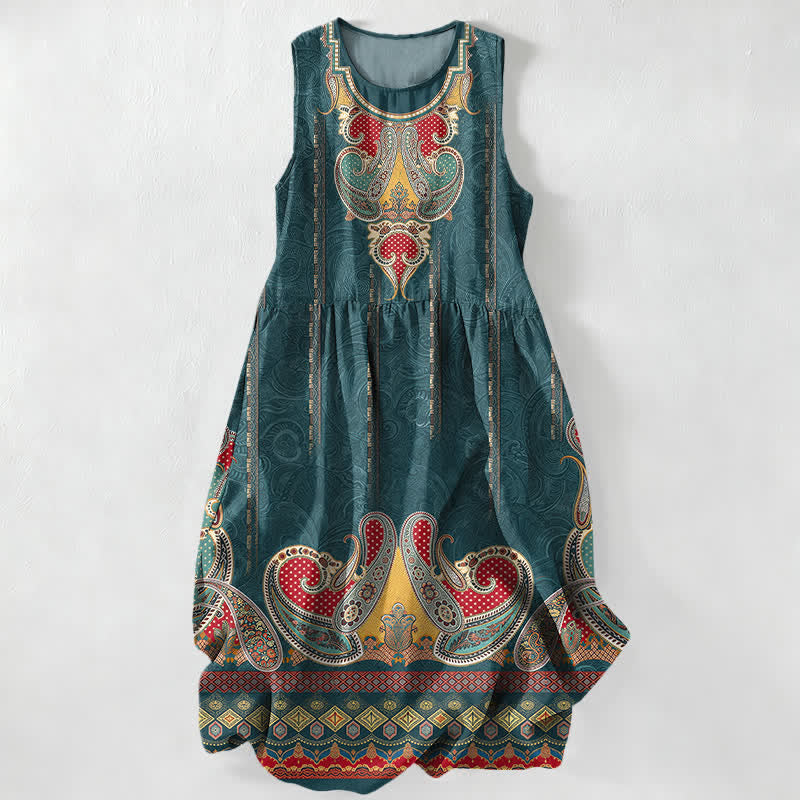 Buddha Stones Lässiges, ärmelloses Midikleid für Damen mit Taschen und persischem Paisley-Bordürenmuster - Türkis - US16, UK/AU20, EU48 (3XL) - image 0