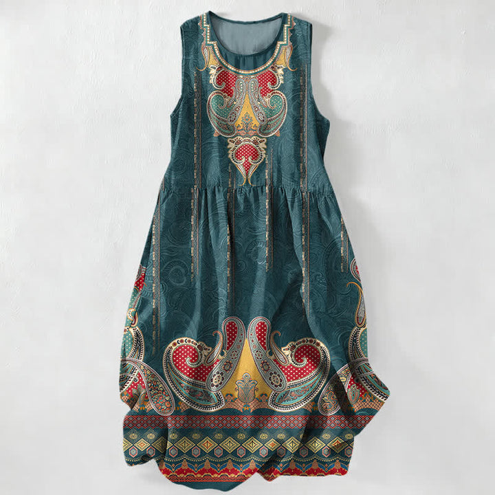 Buddha Stones Lässiges, ärmelloses Midikleid für Damen mit Taschen und persischem Paisley-Bordürenmuster - Türkis - US16, UK/AU20, EU48 (3XL) - image 0