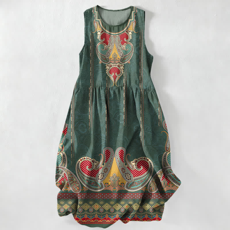 Buddha Stones Lässiges, ärmelloses Midikleid für Damen mit Taschen und persischem Paisley-Bordürenmuster - Waldgrün - US16, UK/AU20, EU48 (3XL) - image 4