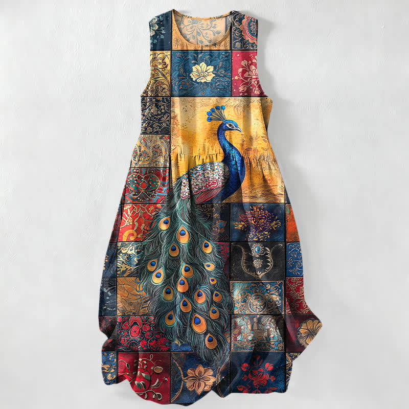 Buddha Stones Lässiges, sommerliches, ärmelloses Midikleid für Damen mit Pfauen-Patchworkmuster und Taschen - SteelBlue - US16, UK/AU20, EU48 (3XL) - image 0