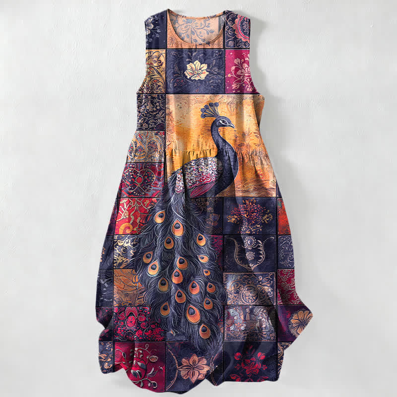 Buddha Stones Lässiges, sommerliches, ärmelloses Midikleid für Damen mit Pfauen-Patchworkmuster und Taschen - Indigo - US16, UK/AU20, EU48 (3XL) - image 4