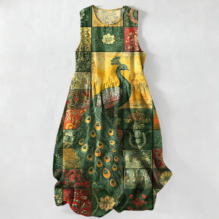 Buddha Stones Lässiges, sommerliches, ärmelloses Midikleid für Damen mit Pfauen-Patchworkmuster und Taschen - Waldgrün - US16, UK/AU20, EU48 (3XL) - image 5