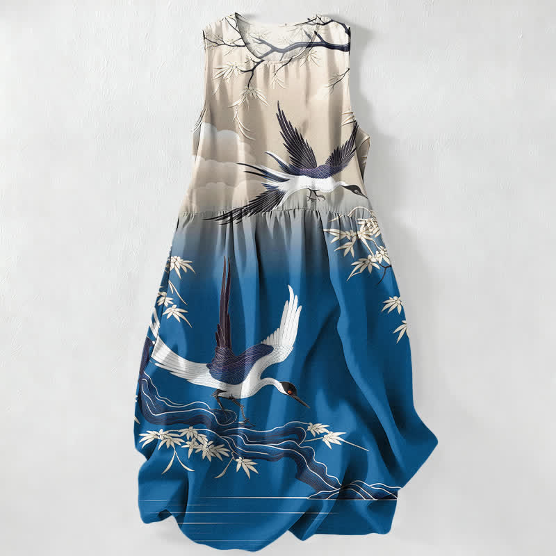 Buddha Stones Lässiges, ärmelloses Midikleid für Damen mit Kranich- und Bambusmuster und Taschen - Königsblau - US16, UK/AU20, EU48 (3XL) - image 0