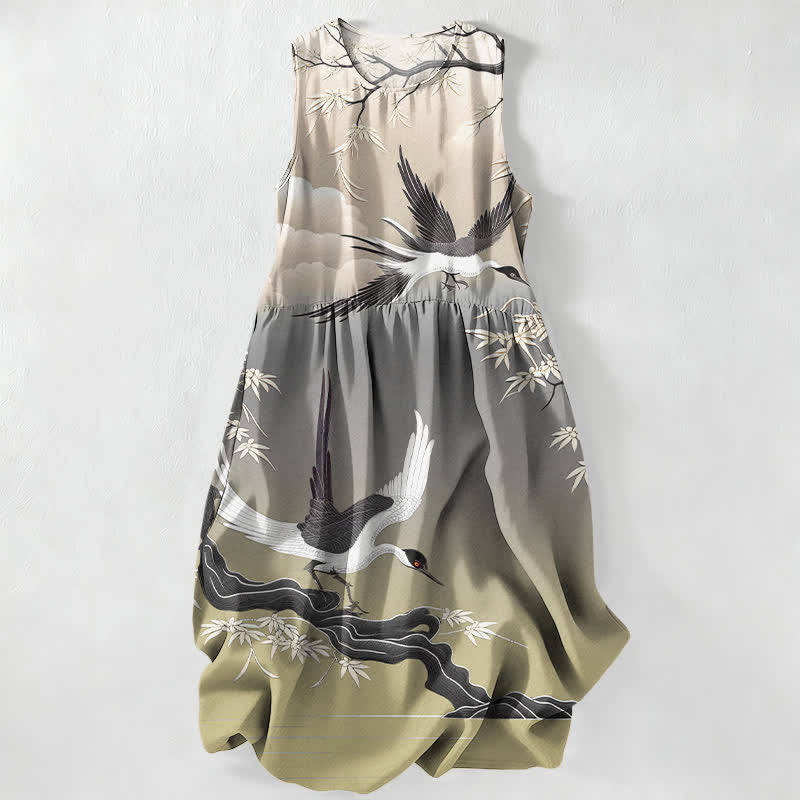 Buddha Stones Lässiges, ärmelloses Midikleid für Damen mit Kranich- und Bambusmuster und Taschen - Olive - US16, UK/AU20, EU48 (3XL) - image 5
