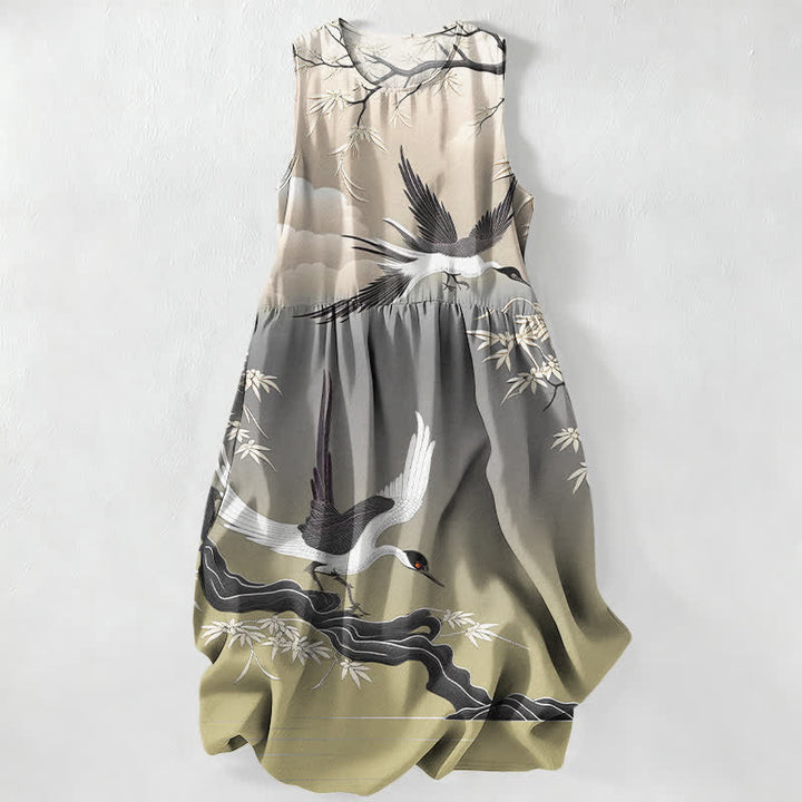 Buddha Stones Lässiges, ärmelloses Midikleid für Damen mit Kranich- und Bambusmuster und Taschen - Olive - US16, UK/AU20, EU48 (3XL) - image 5