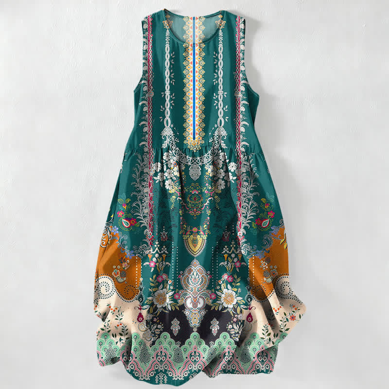 Buddha Stones Sommerliches, lässiges Vintage-Sommerkleid für Damen mit floralem Medaillon- und Blättermuster, ärmellos, Midi-Länge und Taschen - Türkis - US16, UK/AU20, EU48 (3XL) - image 0