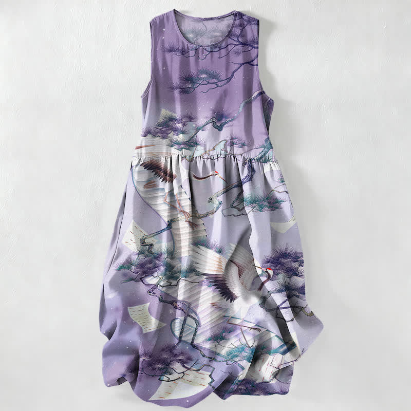 Buddha Stones Lässiges, sommerliches, ärmelloses Midikleid mit Taschen, farblich abgestimmtem Kranich- und Kiefernmuster - Lavendel - US16, UK/AU20, EU48 (3XL) - image 5