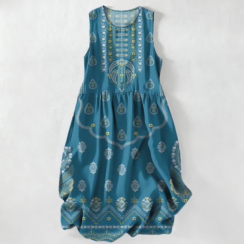 Buddha Stones Lässiges Sommerkleid im Boho-Stil mit Paisley-Medaillonmuster, ärmellos, Midi-Länge und Taschen - Türkis - US16, UK/AU20, EU48 (3XL) - image 0