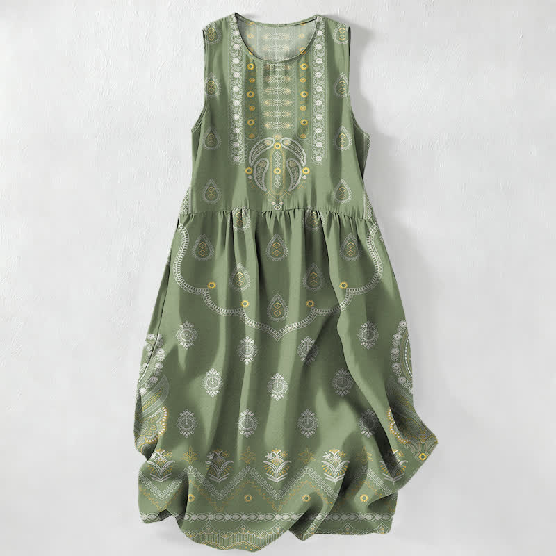 Buddha Stones Lässiges Sommerkleid im Boho-Stil mit Paisley-Medaillonmuster, ärmellos, Midi-Länge und Taschen - Olivgrün - US16, UK/AU20, EU48 (3XL) - image 4