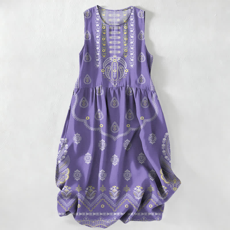 Buddha Stones Lässiges Sommerkleid im Boho-Stil mit Paisley-Medaillonmuster, ärmellos, Midi-Länge und Taschen - Lavendel - US16, UK/AU20, EU48 (3XL) - image 5