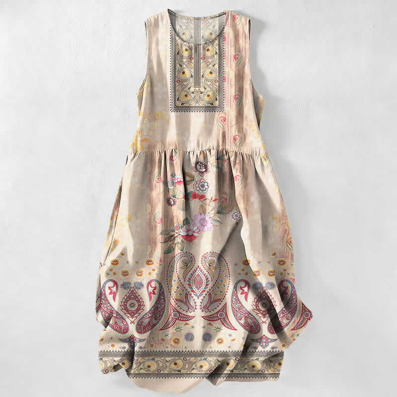 Buddha Stones Sommerliches, lässiges Vintage-Sommerkleid für Damen mit floralem Medaillon- und Blättermuster, ärmellos, Midi-Länge und Taschen - OldLace - US16, UK/AU20, EU48 (3XL) - image 0