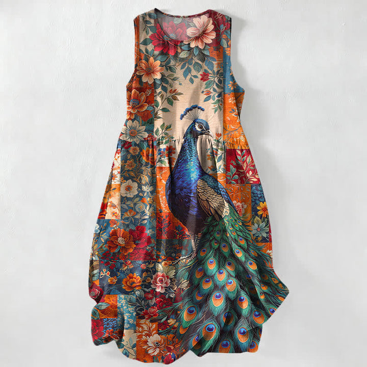 Buddha Stones Lässiges, sommerliches, ärmelloses Midikleid für Damen mit Pfauen- und Blumenmuster und Taschen - Koralle - US16, UK/AU20, EU48 (3XL) - image 0