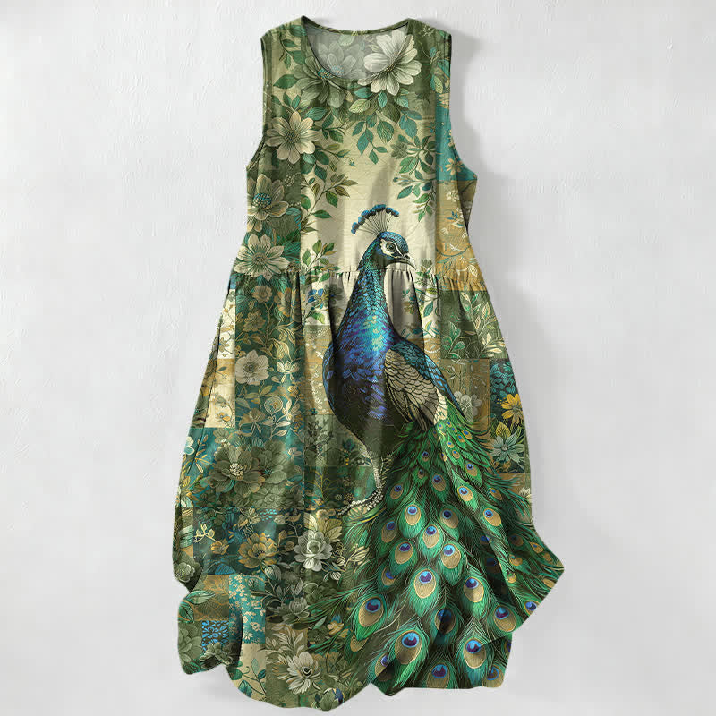 Buddha Stones Lässiges, sommerliches, ärmelloses Midikleid für Damen mit Pfauen- und Blumenmuster und Taschen - Olivgrün - US16, UK/AU20, EU48 (3XL) - image 4