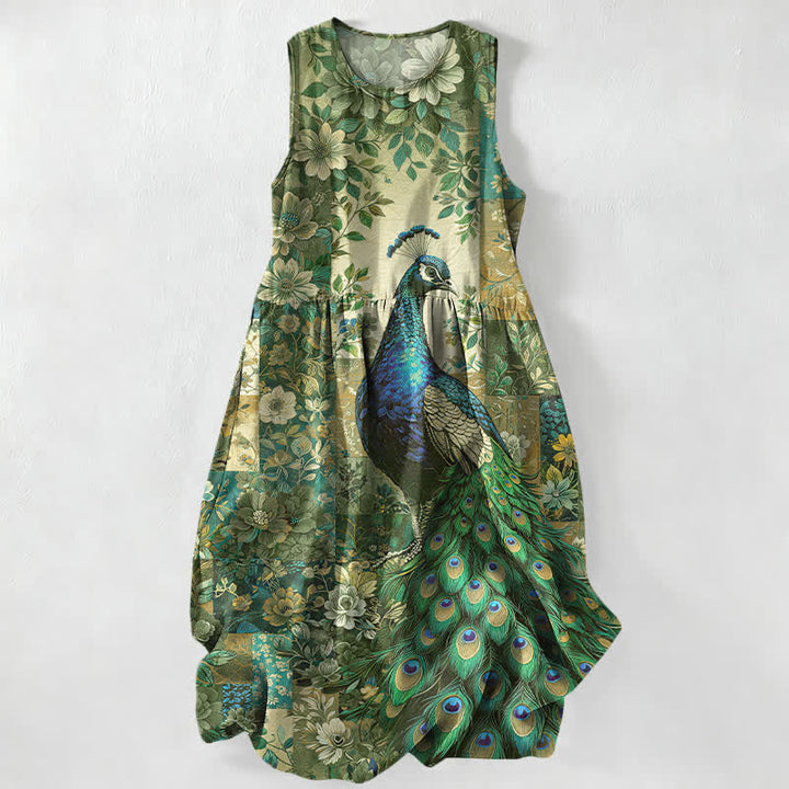 Buddha Stones Lässiges, sommerliches, ärmelloses Midikleid für Damen mit Pfauen- und Blumenmuster und Taschen - Olivgrün - US16, UK/AU20, EU48 (3XL) - image 4