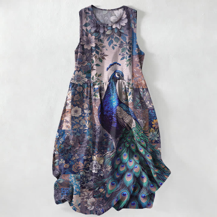 Buddha Stones Lässiges, sommerliches, ärmelloses Midikleid für Damen mit Pfauen- und Blumenmuster und Taschen - Mittelviolett - US16, UK/AU20, EU48 (3XL) - image 5