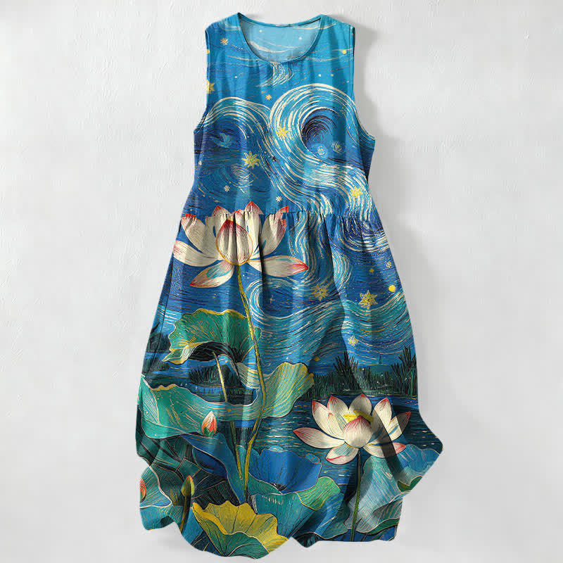 Buddha Stones Lässiges, sommerliches, ärmelloses Midikleid für Damen mit Lotus-Wirbelmuster und Taschen - Königsblau - US16, UK/AU20, EU48 (3XL) - image 0