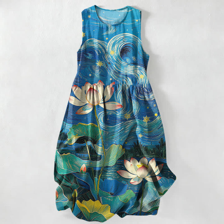 Buddha Stones Lässiges, sommerliches, ärmelloses Midikleid für Damen mit Lotus-Wirbelmuster und Taschen - Königsblau - US16, UK/AU20, EU48 (3XL) - image 0