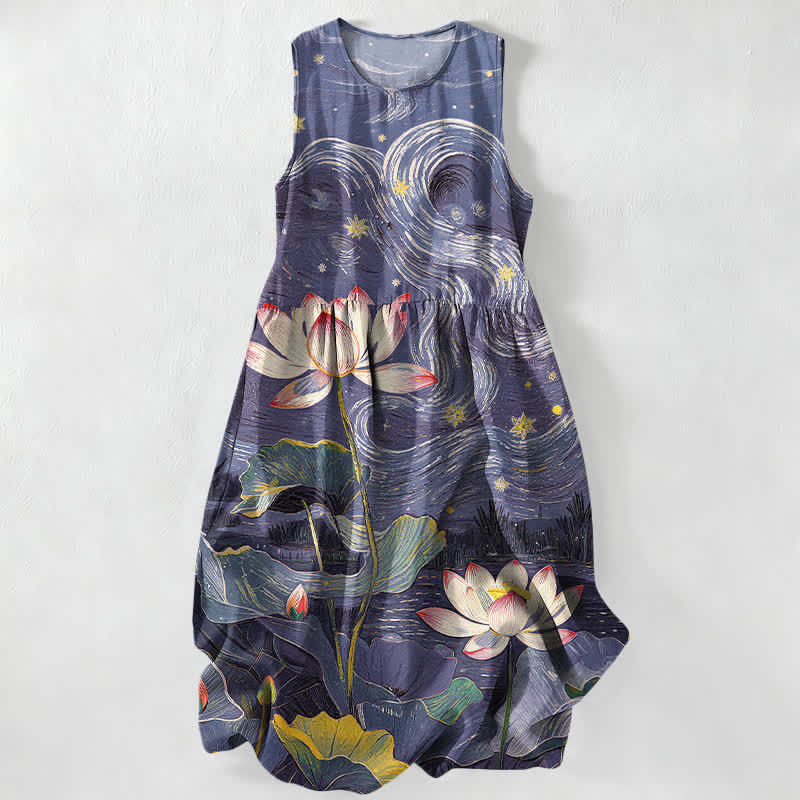 Buddha Stones Lässiges, sommerliches, ärmelloses Midikleid für Damen mit Lotus-Wirbelmuster und Taschen - Indigo - US16, UK/AU20, EU48 (3XL) - image 4