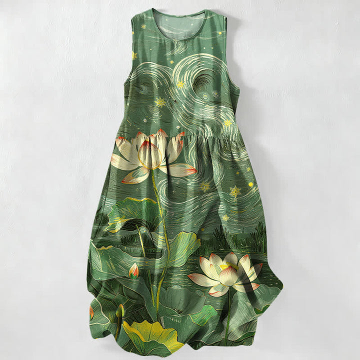 Buddha Stones Lässiges, sommerliches, ärmelloses Midikleid für Damen mit Lotus-Wirbelmuster und Taschen - SeaGreen - US16, UK/AU20, EU48 (3XL) - image 5