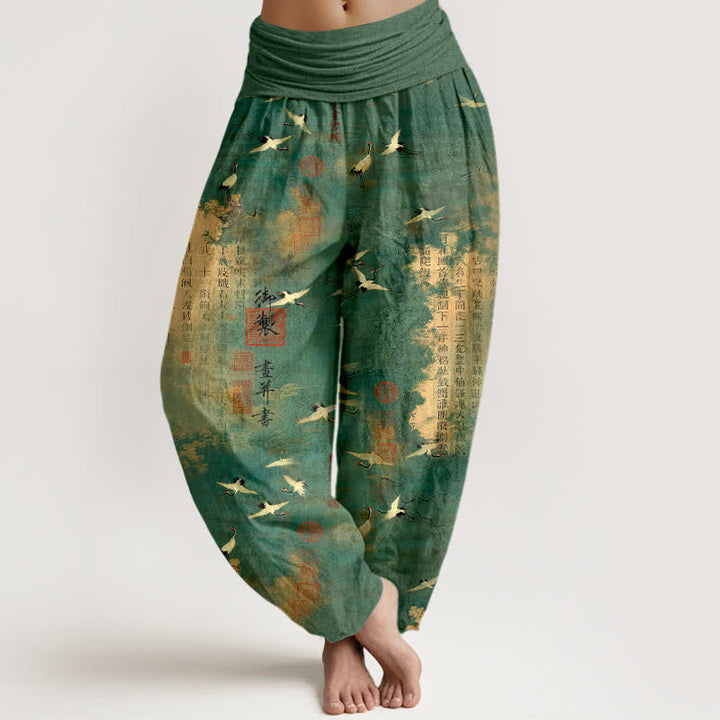 Buddha Stones Haremshose aus Baumwolle mit goldenem Kranich-Kalligrafiemuster und elastischem Bund für Damen - SeaGreen - US16, UK/AU20, EU48 (3XL) - image 0