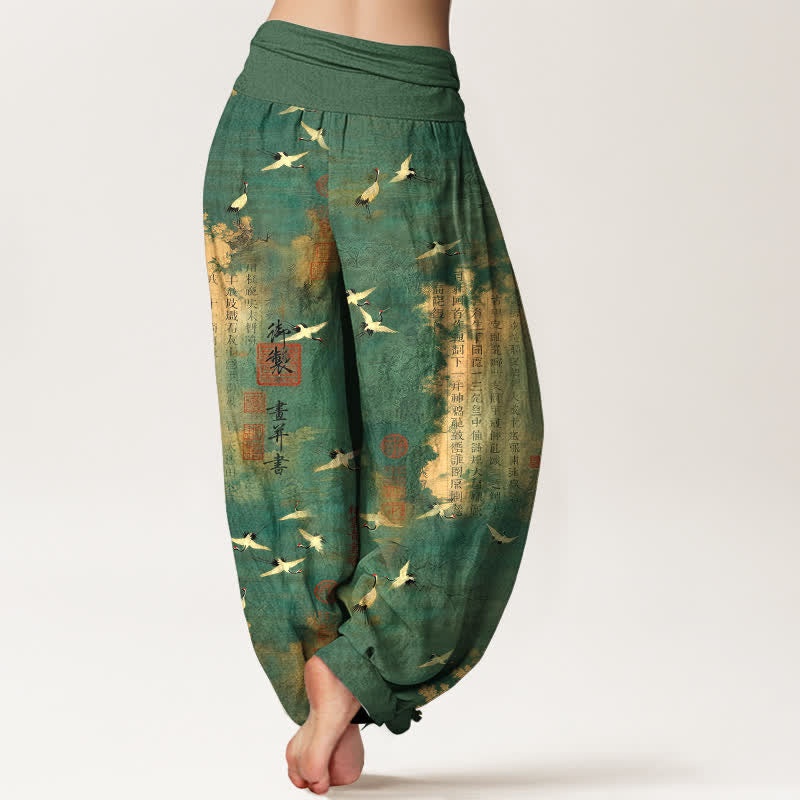 Buddha Stones Haremshose aus Baumwolle mit goldenem Kranich-Kalligrafiemuster und elastischem Bund für Damen - image 2