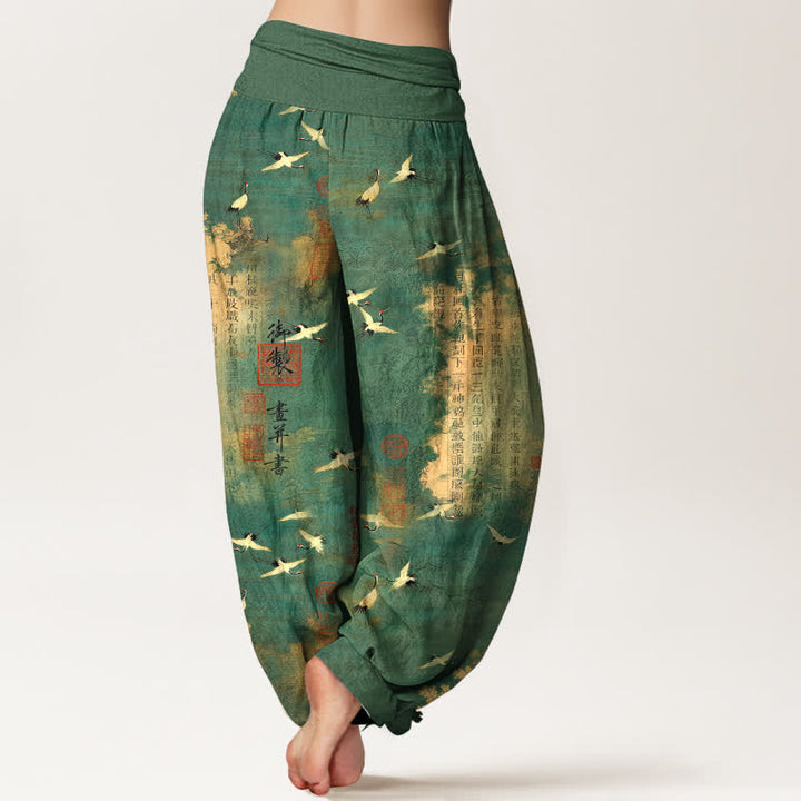 Buddha Stones Haremshose aus Baumwolle mit goldenem Kranich-Kalligrafiemuster und elastischem Bund für Damen - image 2