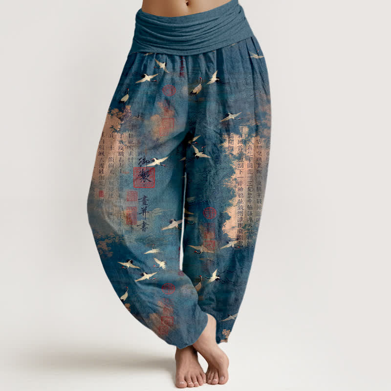 Buddha Stones Haremshose aus Baumwolle mit goldenem Kranich-Kalligrafiemuster und elastischem Bund für Damen - SteelBlue - US16, UK/AU20, EU48 (3XL) - image 5