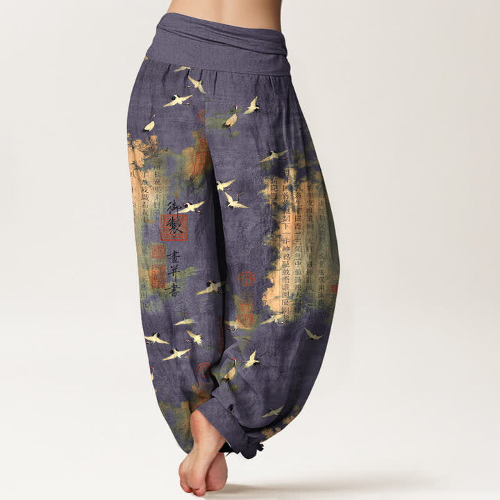 Buddha Stones Haremshose aus Baumwolle mit goldenem Kranich-Kalligrafiemuster und elastischem Bund für Damen - image 10